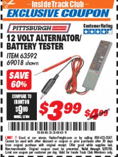 Harbor Freight ITC Coupon 12 VOLT ALTERNATOR / BATTERY TESTER Lot No. 63592 Expired: 5/31/18 - $3.99