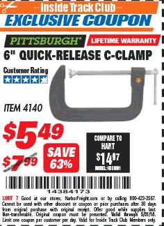 Harbor Freight ITC Coupon 6" QUICK-RELEASE C-CLAMP Lot No. 4140 Expired: 5/31/18 - $5.49
