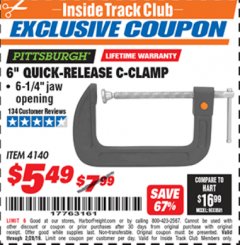 Harbor Freight ITC Coupon 6" QUICK-RELEASE C-CLAMP Lot No. 4140 Expired: 2/28/19 - $5.49
