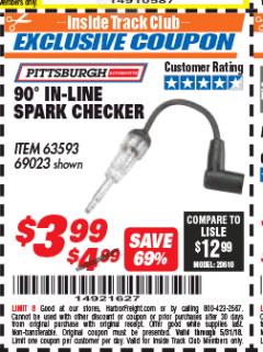 Harbor Freight ITC Coupon 90° IN-LINE SPARK CHECKER Lot No. 63593/69023 Expired: 5/31/18 - $3.99