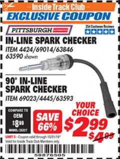Harbor Freight ITC Coupon 90° IN-LINE SPARK CHECKER Lot No. 63593/69023 Expired: 10/31/19 - $2.99