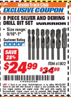 Harbor Freight ITC Coupon 8 PIECE SILVER AND DEMING DRILL BIT SET Lot No. 61802 Expired: 5/31/18 - $24.99