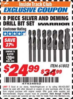 Harbor Freight ITC Coupon 8 PIECE SILVER AND DEMING DRILL BIT SET Lot No. 61802 Expired: 11/30/18 - $24.99