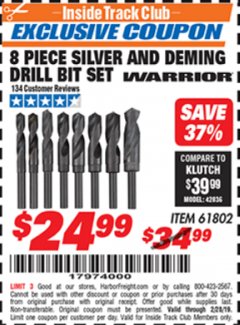 Harbor Freight ITC Coupon 8 PIECE SILVER AND DEMING DRILL BIT SET Lot No. 61802 Expired: 2/28/19 - $24.99