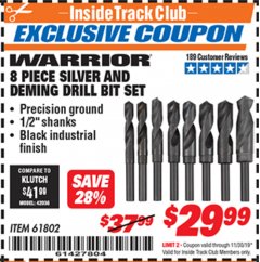 Harbor Freight ITC Coupon 8 PIECE SILVER AND DEMING DRILL BIT SET Lot No. 61802 Expired: 11/30/19 - $29.99