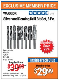 Harbor Freight ITC Coupon 8 PIECE SILVER AND DEMING DRILL BIT SET Lot No. 61802 Expired: 12/3/20 - $29.99