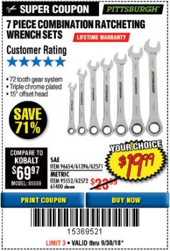 Harbor Freight Coupon 7 PIECE COMBINATION RATCHETING WRENCH SET Lot No. 62571 / 96654 / 61396 / 95552 / 62572 / 61400 Expired: 9/30/18 - $19.99