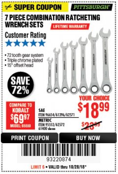 Harbor Freight Coupon 7 PIECE COMBINATION RATCHETING WRENCH SET Lot No. 62571 / 96654 / 61396 / 95552 / 62572 / 61400 Expired: 10/28/18 - $18.99