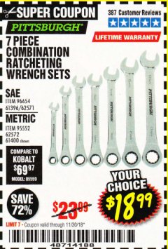 Harbor Freight Coupon 7 PIECE COMBINATION RATCHETING WRENCH SET Lot No. 62571 / 96654 / 61396 / 95552 / 62572 / 61400 Expired: 11/30/18 - $18.99