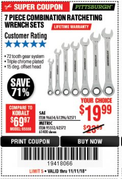 Harbor Freight Coupon 7 PIECE COMBINATION RATCHETING WRENCH SET Lot No. 62571 / 96654 / 61396 / 95552 / 62572 / 61400 Expired: 11/11/18 - $19.99