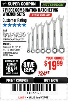 Harbor Freight Coupon 7 PIECE COMBINATION RATCHETING WRENCH SET Lot No. 62571 / 96654 / 61396 / 95552 / 62572 / 61400 Expired: 5/27/19 - $19.99