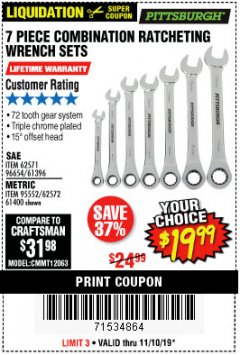 Harbor Freight Coupon 7 PIECE COMBINATION RATCHETING WRENCH SET Lot No. 62571 / 96654 / 61396 / 95552 / 62572 / 61400 Expired: 11/10/19 - $19.99