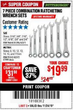 Harbor Freight Coupon 7 PIECE COMBINATION RATCHETING WRENCH SET Lot No. 62571 / 96654 / 61396 / 95552 / 62572 / 61400 Expired: 11/24/19 - $19.99