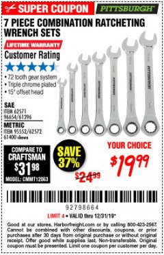 Harbor Freight Coupon 7 PIECE COMBINATION RATCHETING WRENCH SET Lot No. 62571 / 96654 / 61396 / 95552 / 62572 / 61400 Expired: 12/31/19 - $19.99
