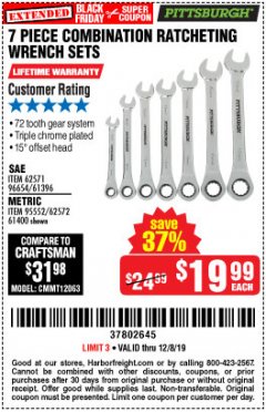 Harbor Freight Coupon 7 PIECE COMBINATION RATCHETING WRENCH SET Lot No. 62571 / 96654 / 61396 / 95552 / 62572 / 61400 Expired: 12/8/19 - $19.99
