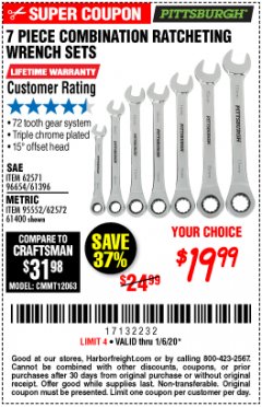 Harbor Freight Coupon 7 PIECE COMBINATION RATCHETING WRENCH SET Lot No. 62571 / 96654 / 61396 / 95552 / 62572 / 61400 Expired: 1/6/20 - $19.99