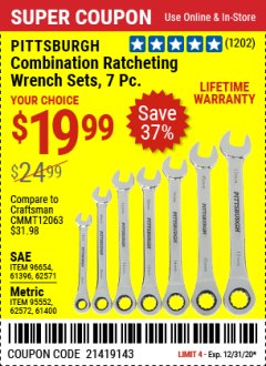 Harbor Freight Coupon 7 PIECE COMBINATION RATCHETING WRENCH SET Lot No. 62571 / 96654 / 61396 / 95552 / 62572 / 61400 Expired: 12/31/20 - $19.99