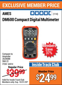Harbor Freight ITC Coupon AMES COMPACT SIZED DIGITAL MULTIMETER Lot No. 64014 Expired: 10/31/20 - $24.99