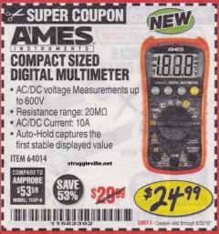 Harbor Freight Coupon AMES COMPACT SIZED DIGITAL MULTIMETER Lot No. 64014 Expired: 6/30/18 - $24.99
