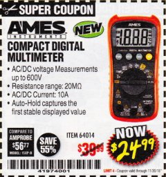 Harbor Freight Coupon AMES COMPACT SIZED DIGITAL MULTIMETER Lot No. 64014 Expired: 11/30/18 - $24.99