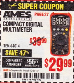 Harbor Freight Coupon AMES COMPACT SIZED DIGITAL MULTIMETER Lot No. 64014 Expired: 12/31/18 - $29.99