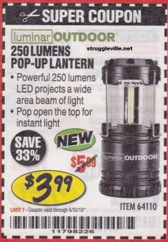 Harbor Freight Coupon LUMINAR OUTDOOR 250 LUMEN POP-UP LANTERN Lot No. 64110 Expired: 6/30/18 - $3.99