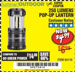 Harbor Freight Coupon 250 LUMENS POP-UP LANTERN Lot No. 64110 Expired: 6/30/20 - $4.99