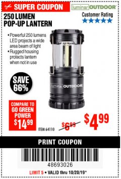 Harbor Freight Coupon LUMINAR OUTDOOR 250 LUMEN POP-UP LANTERN Lot No. 64110 Expired: 10/20/19 - $4.99