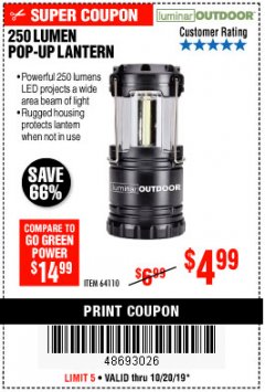 Harbor Freight Coupon 250 LUMENS POP-UP LANTERN Lot No. 64110 Expired: 10/20/19 - $4.99