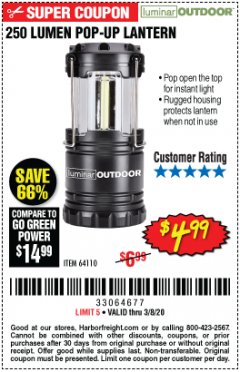 Harbor Freight Coupon LUMINAR OUTDOOR 250 LUMEN POP-UP LANTERN Lot No. 64110 Expired: 2/8/20 - $4.99