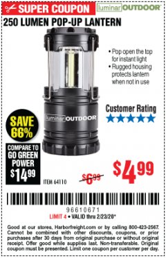 Harbor Freight Coupon LUMINAR OUTDOOR 250 LUMEN POP-UP LANTERN Lot No. 64110 Expired: 2/23/20 - $4.99