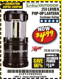 Harbor Freight Coupon 250 LUMENS POP-UP LANTERN Lot No. 64110 Expired: 6/30/20 - $4.99