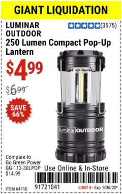 Harbor Freight Coupon 250 LUMENS POP-UP LANTERN Lot No. 64110 Expired: 9/30/20 - $4.99