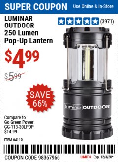 Harbor Freight Coupon 250 LUMENS POP-UP LANTERN Lot No. 64110 Expired: 12/3/20 - $4.99