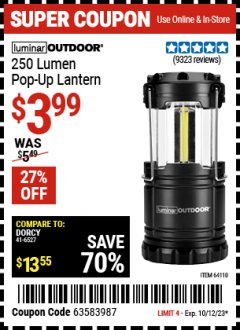 Harbor Freight Coupon LUMINAR OUTDOOR 250 LUMEN POP-UP LANTERN Lot No. 64110 Expired: 10/12/23 - $3.99