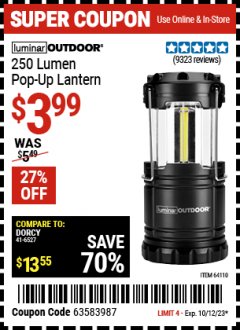 Harbor Freight Coupon 250 LUMENS POP-UP LANTERN Lot No. 64110 Expired: 10/12/23 - $3.99