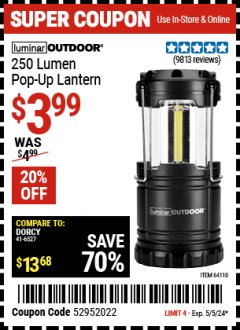 Harbor Freight Coupon LUMINAR OUTDOOR 250 LUMEN POP-UP LANTERN Lot No. 64110 Expired: 5/5/24 - $3.99