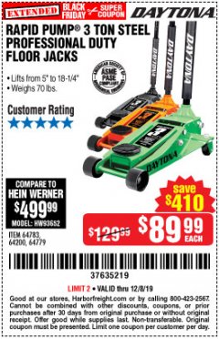 Harbor Freight Coupon DAYTONA 3 TON HEAVY DUTY FLOOR JACK Lot No. 64359/64200/64783/64882/64779/56260 Expired: 12/8/19 - $89.99