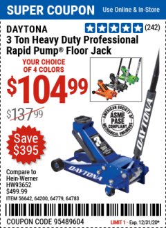 Harbor Freight Coupon DAYTONA 3 TON HEAVY DUTY FLOOR JACK Lot No. 64359/64200/64783/64882/64779/56260 Expired: 12/31/20 - $104.99