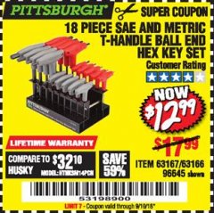 Harbor Freight Coupon PITTSBURGH SAE AND METRIC T-HANDLE BALL END HEX KEY SET, 18-PIECE Lot No. 63167 Expired: 9/10/18 - $12.99