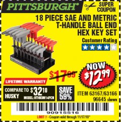 Harbor Freight Coupon 18 PIECE SAE AND METRIC T-HANDLE BALL END HEX KEY SET Lot No. 96645/62476/63166/63167 Expired: 11/17/18 - $12.99