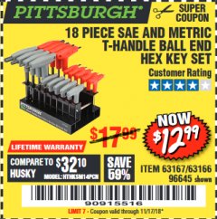 Harbor Freight Coupon PITTSBURGH SAE AND METRIC T-HANDLE BALL END HEX KEY SET, 18-PIECE Lot No. 63167 Expired: 11/30/18 - $12.99