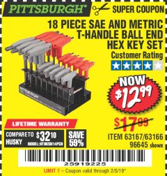 Harbor Freight Coupon 18 PIECE SAE AND METRIC T-HANDLE BALL END HEX KEY SET Lot No. 96645/62476/63166/63167 Expired: 2/5/19 - $12.99