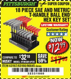 Harbor Freight Coupon PITTSBURGH SAE AND METRIC T-HANDLE BALL END HEX KEY SET, 18-PIECE Lot No. 63167 Expired: 6/1/19 - $12.99