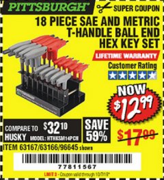 Harbor Freight Coupon PITTSBURGH SAE AND METRIC T-HANDLE BALL END HEX KEY SET, 18-PIECE Lot No. 63167 Expired: 10/1/19 - $12.99