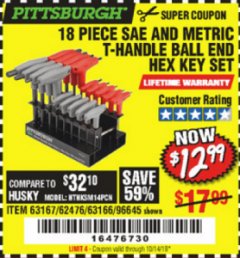 Harbor Freight Coupon PITTSBURGH SAE AND METRIC T-HANDLE BALL END HEX KEY SET, 18-PIECE Lot No. 63167 Expired: 10/14/19 - $12.99