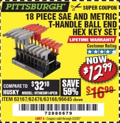 Harbor Freight Coupon 18 PIECE SAE AND METRIC T-HANDLE BALL END HEX KEY SET Lot No. 96645/62476/63166/63167 Expired: 6/30/20 - $12.99