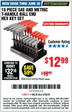 Harbor Freight Coupon 18 PIECE SAE AND METRIC T-HANDLE BALL END HEX KEY SET Lot No. 96645/62476/63166/63167 Expired: 6/30/20 - $12.99