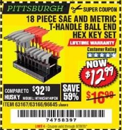 Harbor Freight Coupon 18 PIECE SAE AND METRIC T-HANDLE BALL END HEX KEY SET Lot No. 96645/62476/63166/63167 Expired: 6/28/20 - $12.99