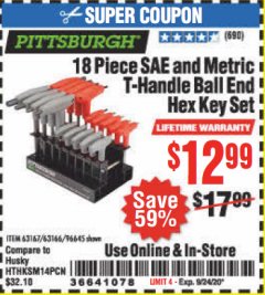 Harbor Freight Coupon 18 PIECE SAE AND METRIC T-HANDLE BALL END HEX KEY SET Lot No. 96645/62476/63166/63167 Expired: 9/24/20 - $12.99